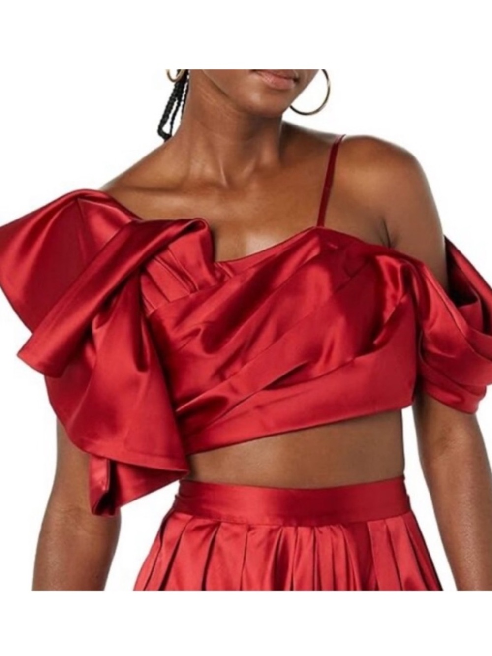 Satin Red One-Shoulder Ruffle Crop Top